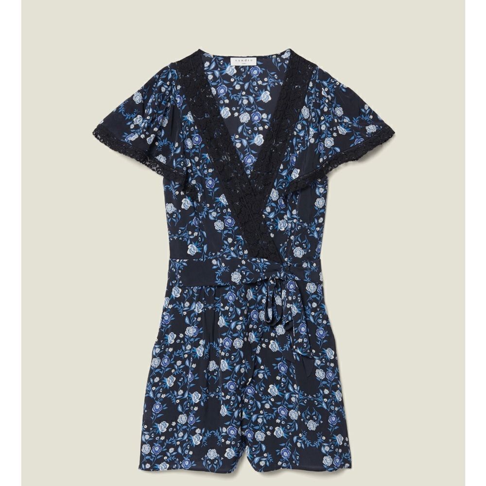 SANDRO Paris Womens Sz34 XS Black Blue Floral Silk Heart Romper Jumpsuit NWT - Picture 5 of 16